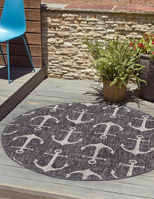 Charcoal 5' 3 x 5' 3 Outdoor Coastal Round Area Rug Weather Resistant for Patio, Deck, Terrace, Balcony, Porch 100% Polypropylene Coastal Decor Carpet for Sale at Rug Engine