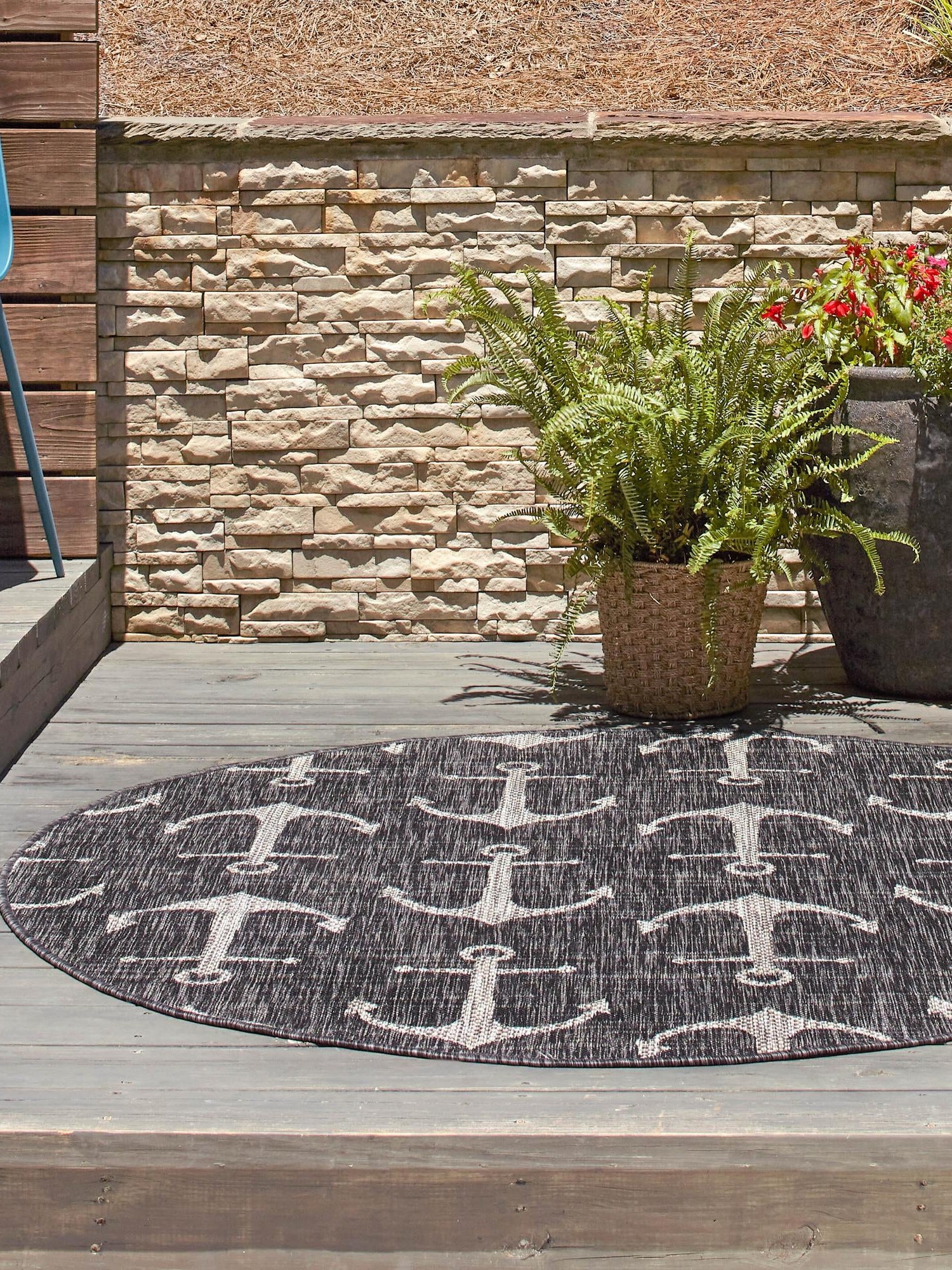 Charcoal 13' 1 x 13' 1 Outdoor Coastal Round Area Rug Weather Resistant for Patio, Deck, Terrace, Balcony, Porch 100% Polypropylene Coastal Decor Carpet for Sale at Rug Engine