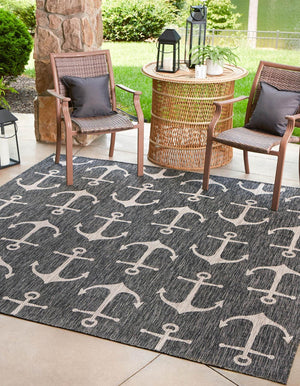 Charcoal 5' 3 x 5' 3 Outdoor Coastal Square Area Rug Weather Resistant for Patio, Deck, Terrace, Balcony, Porch 100% Polypropylene Coastal Decor Carpet for Sale at Rug Engine