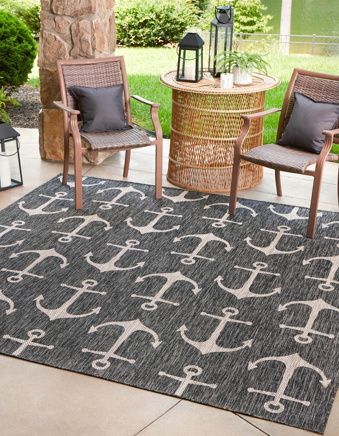 Charcoal 10' x 10' Outdoor Coastal Square Area Rug Weather Resistant for Patio, Deck, Terrace, Balcony, Porch 100% Polypropylene Coastal Decor Carpet for Sale at Rug Engine
