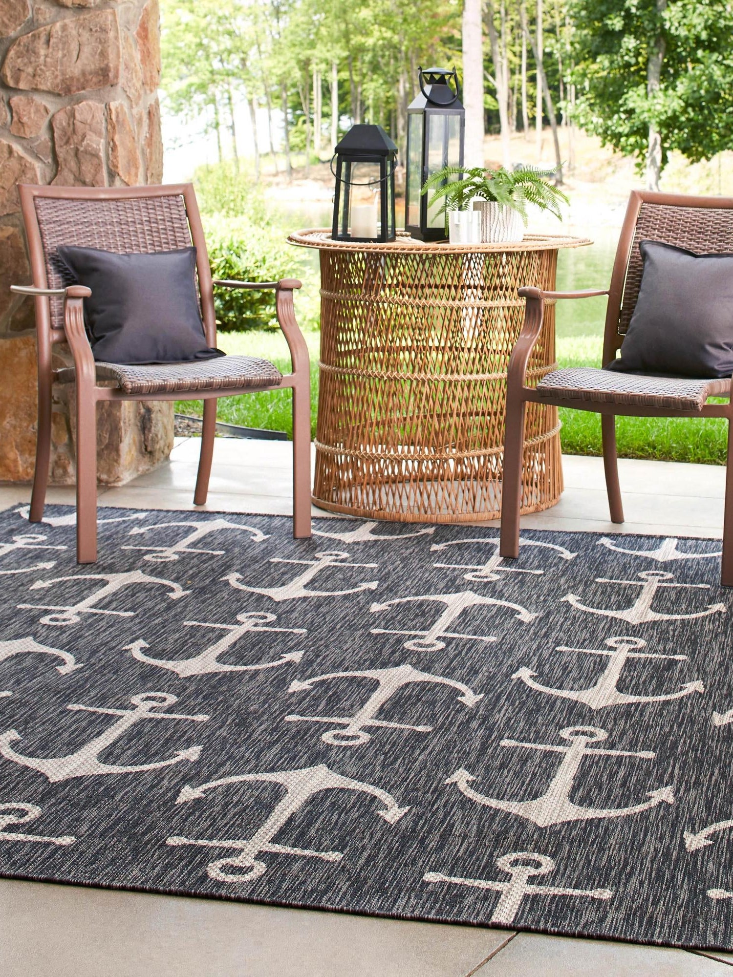Charcoal 5' 3 x 5' 3 Outdoor Coastal Square Area Rug Weather Resistant for Patio, Deck, Terrace, Balcony, Porch 100% Polypropylene Coastal Decor Carpet for Sale at Rug Engine