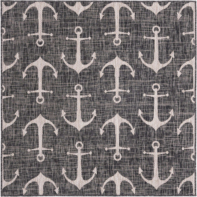 Charcoal 5' 3 x 5' 3 Outdoor Coastal Square Area Rug Weather Resistant for Patio, Deck, Terrace, Balcony, Porch 100% Polypropylene Coastal Decor Carpet for Sale at Rug Engine