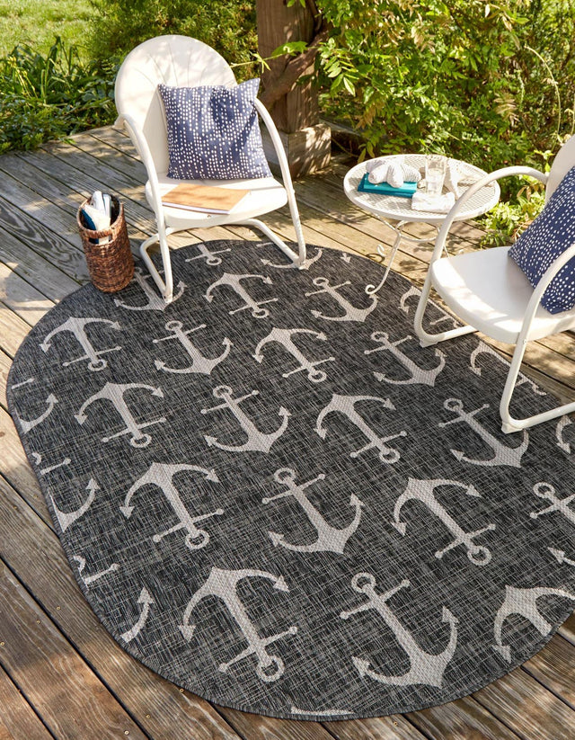 Charcoal 3' 1 x 5' 3 Outdoor Coastal Oval Area Rug Weather Resistant for Patio, Deck, Terrace, Balcony, Porch 100% Polypropylene Coastal Decor Carpet for Sale at Rug Engine