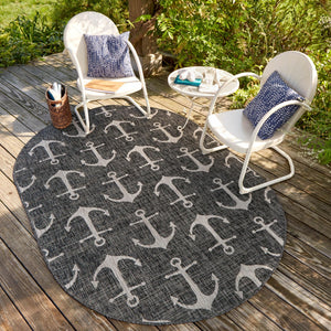 Charcoal 3' 1 x 5' 3 Outdoor Coastal Oval Area Rug Weather Resistant for Patio, Deck, Terrace, Balcony, Porch 100% Polypropylene Coastal Decor Carpet for Sale at Rug Engine