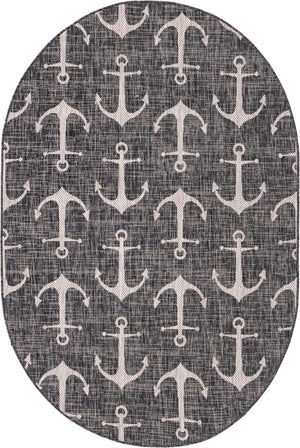 Charcoal 5' 3 x 8' Outdoor Coastal Oval Area Rug Weather Resistant for Patio, Deck, Terrace, Balcony, Porch 100% Polypropylene Coastal Decor Carpet for Sale at Rug Engine