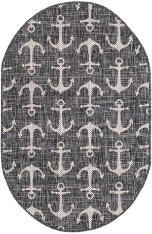 Charcoal 3' 1 x 5' 3 Outdoor Coastal Oval Area Rug Weather Resistant for Patio, Deck, Terrace, Balcony, Porch 100% Polypropylene Coastal Decor Carpet for Sale at Rug Engine