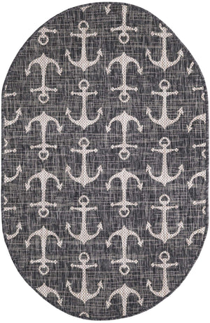 Charcoal 3' 1 x 5' 3 Outdoor Coastal Oval Area Rug Weather Resistant for Patio, Deck, Terrace, Balcony, Porch 100% Polypropylene Coastal Decor Carpet for Sale at Rug Engine