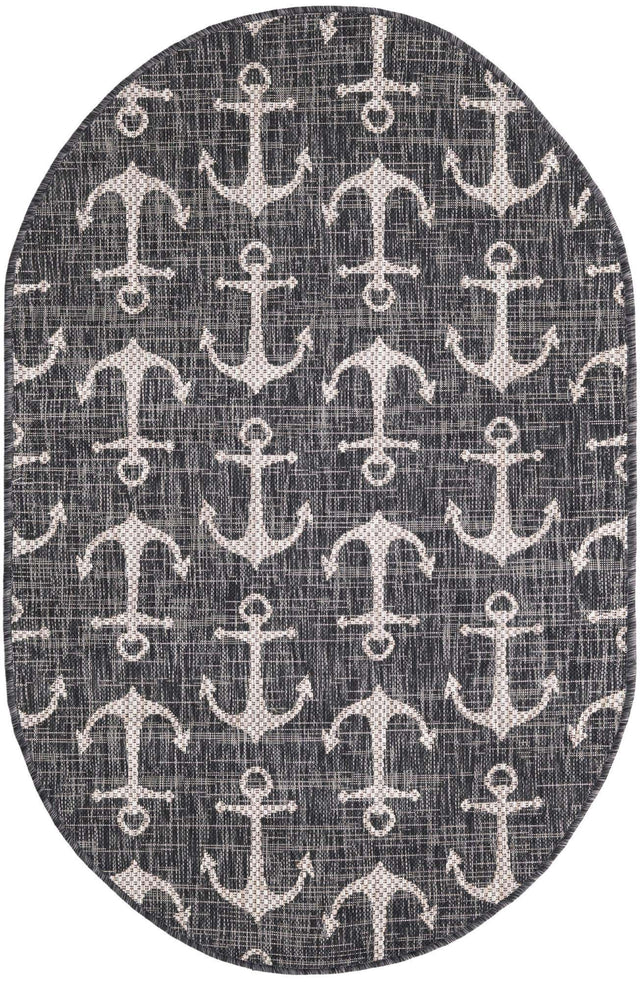 Charcoal 3' 1 x 5' 3 Outdoor Coastal Oval Area Rug Weather Resistant for Patio, Deck, Terrace, Balcony, Porch 100% Polypropylene Coastal Decor Carpet for Sale at Rug Engine