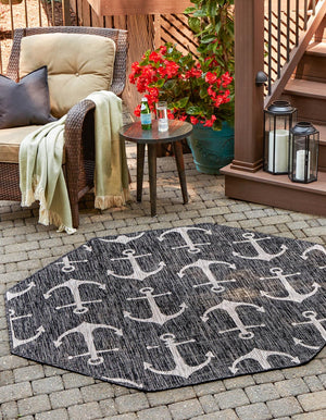 Charcoal 7' 10 x 7' 10 Outdoor Coastal Octagon Area Rug Weather Resistant for Patio, Deck, Terrace, Balcony, Porch 100% Polypropylene Coastal Decor Carpet for Sale at Rug Engine