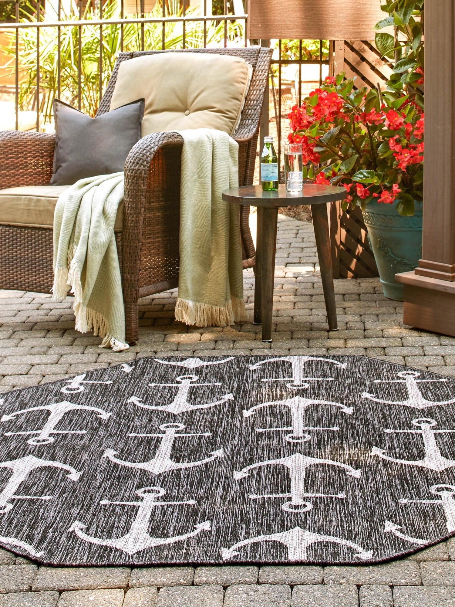Charcoal 7' 10 x 7' 10 Outdoor Coastal Octagon Area Rug Weather Resistant for Patio, Deck, Terrace, Balcony, Porch 100% Polypropylene Coastal Decor Carpet for Sale at Rug Engine