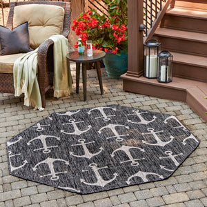 Charcoal 5' 3 x 5' 3 Outdoor Coastal Octagon Area Rug Weather Resistant for Patio, Deck, Terrace, Balcony, Porch 100% Polypropylene Coastal Decor Carpet for Sale at Rug Engine
