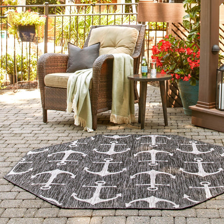 Charcoal 5' 3 x 5' 3 Outdoor Coastal Octagon Area Rug Weather Resistant for Patio, Deck, Terrace, Balcony, Porch 100% Polypropylene Coastal Decor Carpet for Sale at Rug Engine
