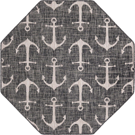 Charcoal 5' 3 x 5' 3 Outdoor Coastal Octagon Area Rug Weather Resistant for Patio, Deck, Terrace, Balcony, Porch 100% Polypropylene Coastal Decor Carpet for Sale at Rug Engine