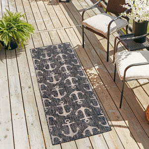 Charcoal 2' x 8' Outdoor Coastal Runner Area Rug Weather Resistant for Patio, Deck, Terrace, Balcony, Porch 100% Polypropylene Coastal Decor Carpet for Sale at Rug Engine