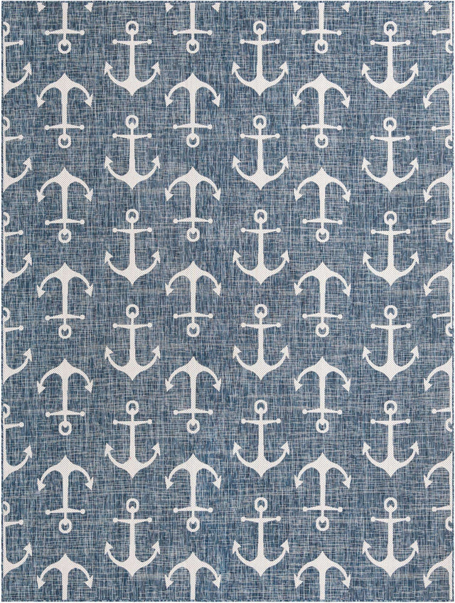 Blue 9' x 12' Outdoor Coastal Rectangle Area Rug Weather Resistant for Patio, Deck, Terrace, Balcony, Porch 100% Polypropylene Coastal Decor Carpet for Sale at Rug Engine