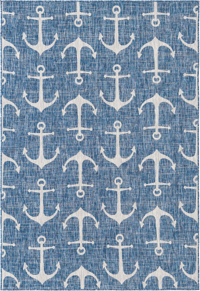 Blue 6' 1 x 9' Outdoor Coastal Rectangle Area Rug Weather Resistant for Patio, Deck, Terrace, Balcony, Porch 100% Polypropylene Coastal Decor Carpet for Sale at Rug Engine