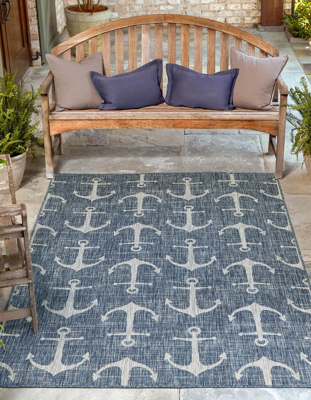 Blue 6' 1 x 9' Outdoor Coastal Rectangle Area Rug Weather Resistant for Patio, Deck, Terrace, Balcony, Porch 100% Polypropylene Coastal Decor Carpet for Sale at Rug Engine