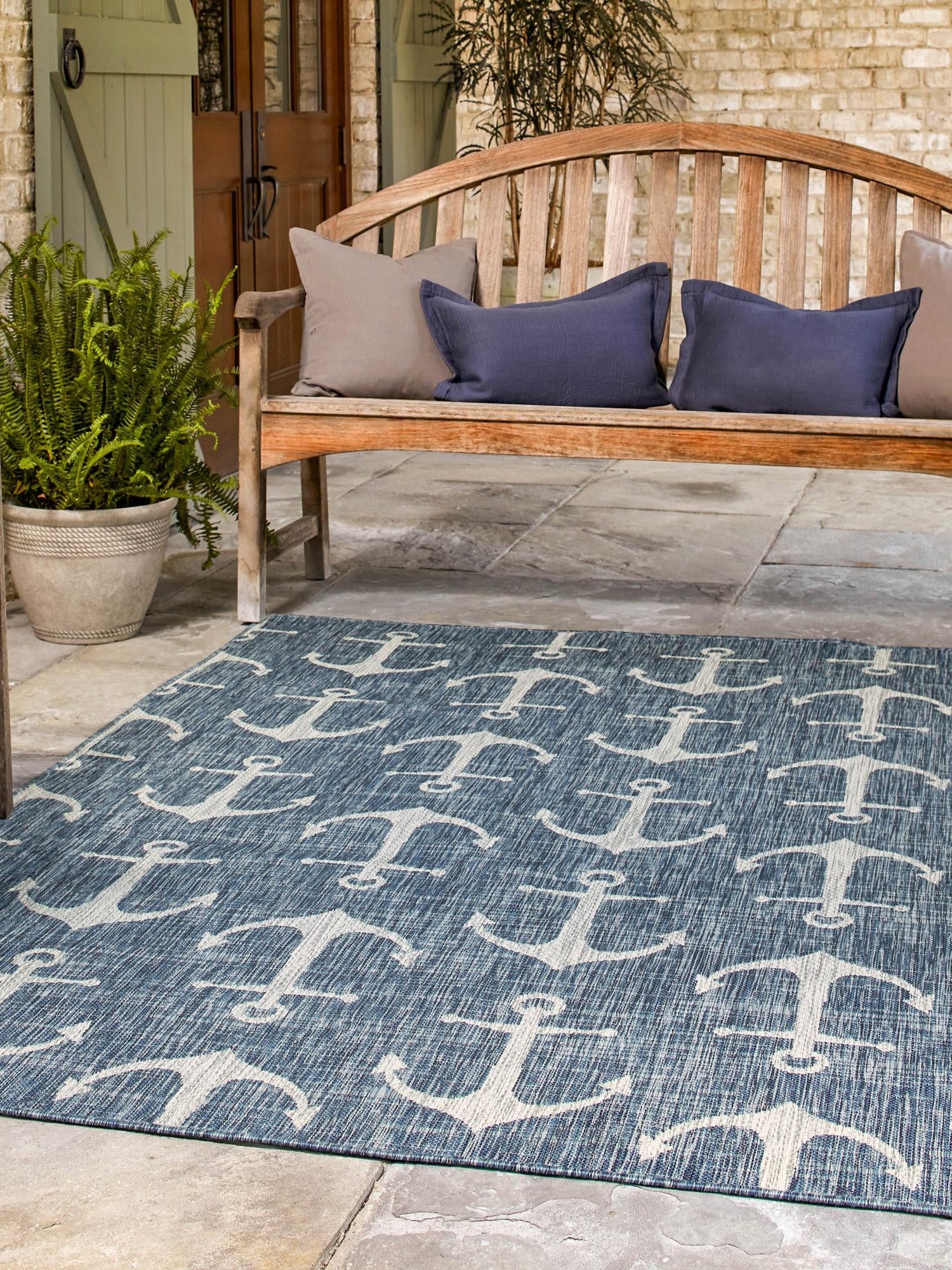 Blue 5' 3 x 7' 1 Outdoor Coastal Rectangle Area Rug Weather Resistant for Patio, Deck, Terrace, Balcony, Porch 100% Polypropylene Coastal Decor Carpet for Sale at Rug Engine