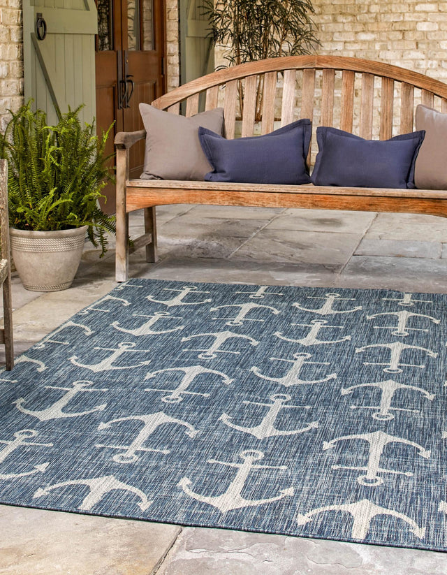 Blue 9' x 12' Outdoor Coastal Rectangle Area Rug Weather Resistant for Patio, Deck, Terrace, Balcony, Porch 100% Polypropylene Coastal Decor Carpet for Sale at Rug Engine
