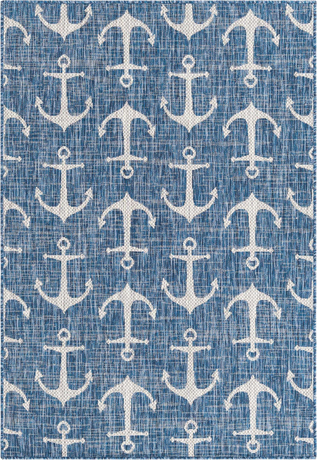 Blue 4' 1 x 6' 1 Outdoor Coastal Rectangle Area Rug Weather Resistant for Patio, Deck, Terrace, Balcony, Porch 100% Polypropylene Coastal Decor Carpet for Sale at Rug Engine