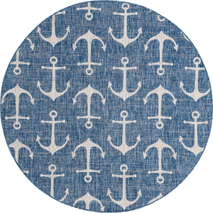 Blue 7' 10 x 7' 10 Outdoor Coastal Round Area Rug Weather Resistant for Patio, Deck, Terrace, Balcony, Porch 100% Polypropylene Coastal Decor Carpet for Sale at Rug Engine