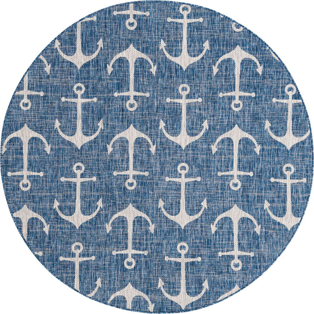 Blue 7' 10 x 7' 10 Outdoor Coastal Round Area Rug Weather Resistant for Patio, Deck, Terrace, Balcony, Porch 100% Polypropylene Coastal Decor Carpet for Sale at Rug Engine