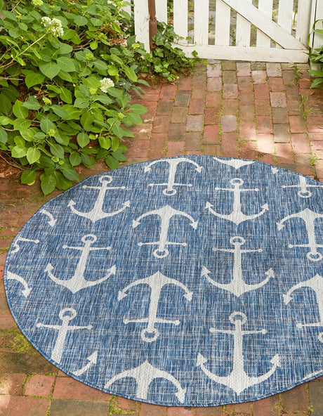 Blue 5' 3 x 5' 3 Outdoor Coastal Round Rug