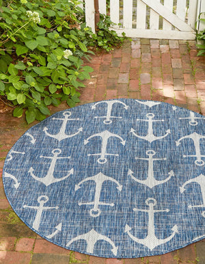 Blue 7' 10 x 7' 10 Outdoor Coastal Round Area Rug Weather Resistant for Patio, Deck, Terrace, Balcony, Porch 100% Polypropylene Coastal Decor Carpet for Sale at Rug Engine