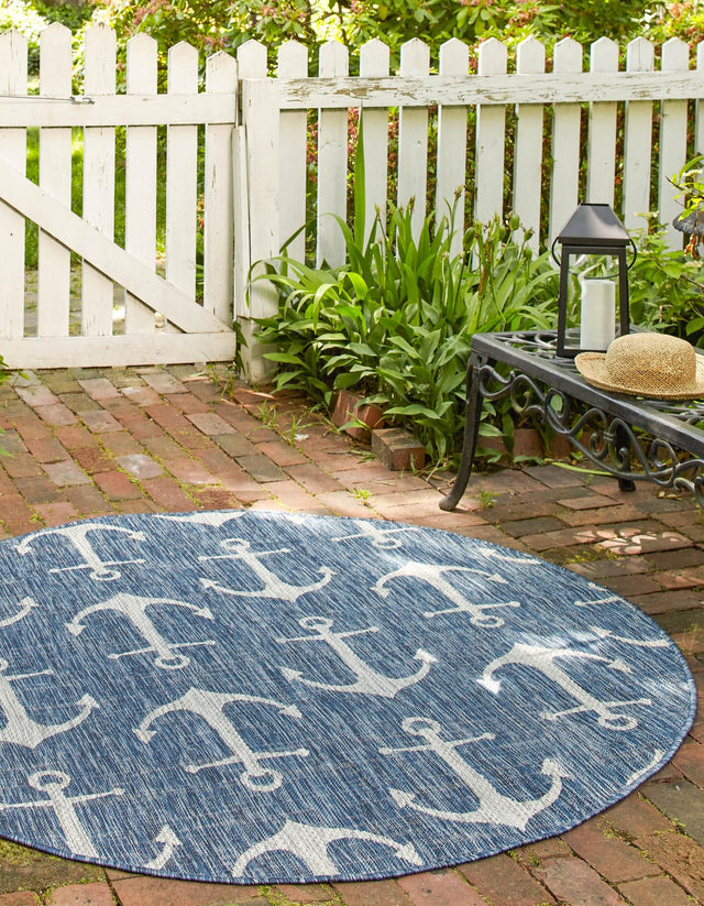 Blue 5' 3 x 5' 3 Outdoor Coastal Round Rug