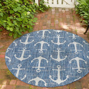 Blue 6' 1 x 6' 1 Outdoor Coastal Round Area Rug Weather Resistant for Patio, Deck, Terrace, Balcony, Porch 100% Polypropylene Coastal Decor Carpet for Sale at Rug Engine