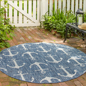 Blue 6' 1 x 6' 1 Outdoor Coastal Round Area Rug Weather Resistant for Patio, Deck, Terrace, Balcony, Porch 100% Polypropylene Coastal Decor Carpet for Sale at Rug Engine