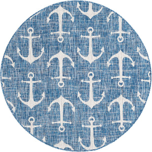 Blue 5' 3 x 5' 3 Outdoor Coastal Round Rug