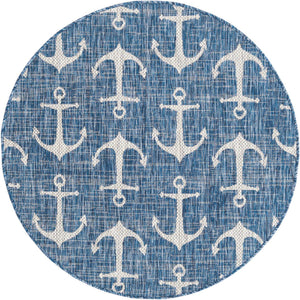 Blue 4' 1 x 4' 1 Outdoor Coastal Round Area Rug Weather Resistant for Patio, Deck, Terrace, Balcony, Porch 100% Polypropylene Coastal Decor Carpet for Sale at Rug Engine