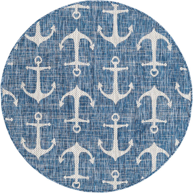 Blue 4' 1 x 4' 1 Outdoor Coastal Round Area Rug Weather Resistant for Patio, Deck, Terrace, Balcony, Porch 100% Polypropylene Coastal Decor Carpet for Sale at Rug Engine