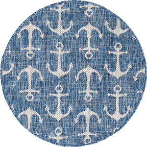 Blue 3' 1 x 3' 1 Outdoor Coastal Round Area Rug Weather Resistant for Patio, Deck, Terrace, Balcony, Porch 100% Polypropylene Coastal Decor Carpet for Sale at Rug Engine