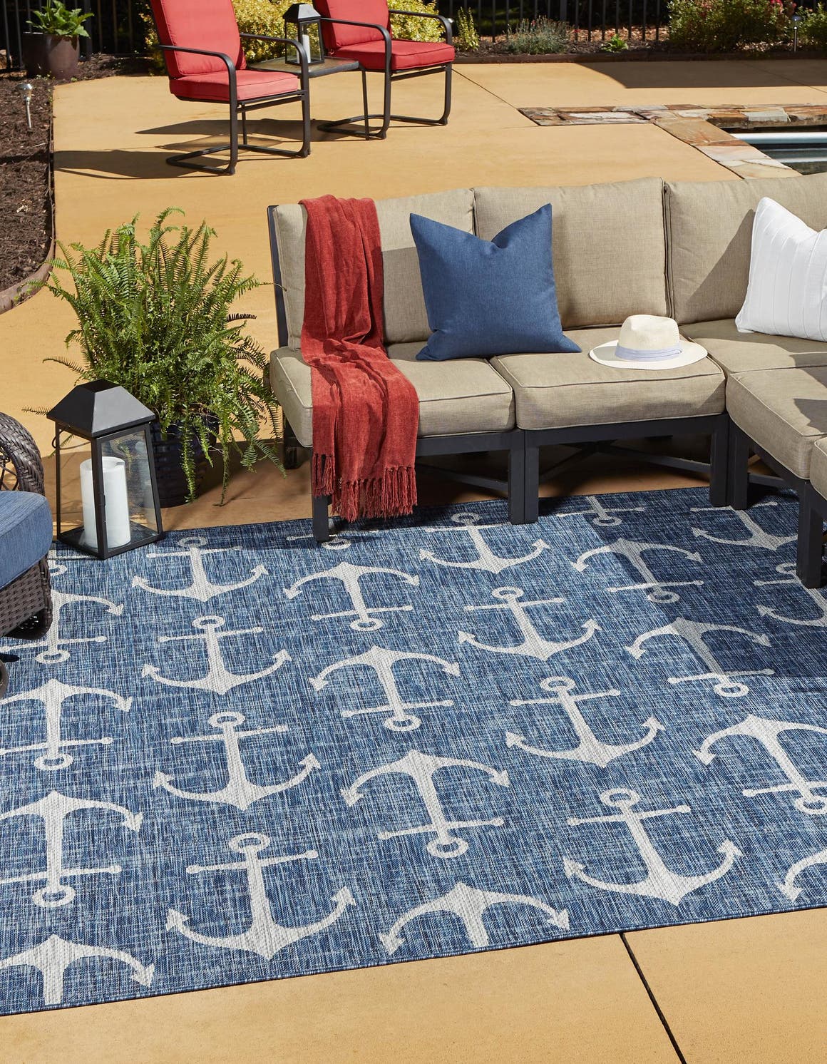 Blue 13' 1 x 13' 1 Outdoor Coastal Square Area Rug Weather Resistant for Patio, Deck, Terrace, Balcony, Porch 100% Polypropylene Coastal Decor Carpet for Sale at Rug Engine