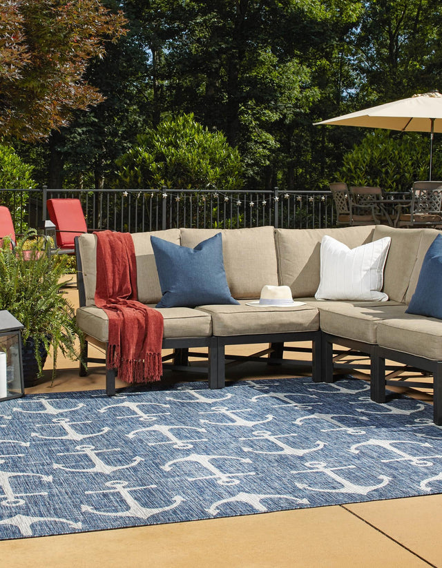 Blue 6' 1 x 6' 1 Outdoor Coastal Square Area Rug Weather Resistant for Patio, Deck, Terrace, Balcony, Porch 100% Polypropylene Coastal Decor Carpet for Sale at Rug Engine