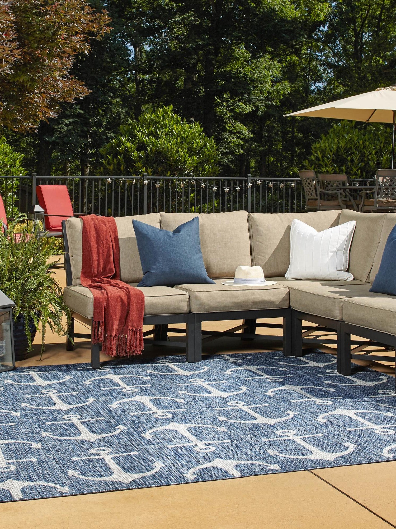 Blue 7' 10 x 7' 10 Outdoor Coastal Square Area Rug Weather Resistant for Patio, Deck, Terrace, Balcony, Porch 100% Polypropylene Coastal Decor Carpet for Sale at Rug Engine