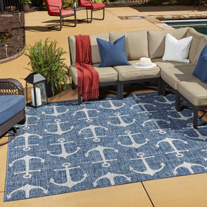 Blue 10' x 10' Outdoor Coastal Square Area Rug Weather Resistant for Patio, Deck, Terrace, Balcony, Porch 100% Polypropylene Coastal Decor Carpet for Sale at Rug Engine