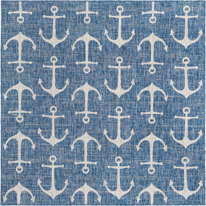 Blue 7' 10 x 7' 10 Outdoor Coastal Square Area Rug Weather Resistant for Patio, Deck, Terrace, Balcony, Porch 100% Polypropylene Coastal Decor Carpet for Sale at Rug Engine