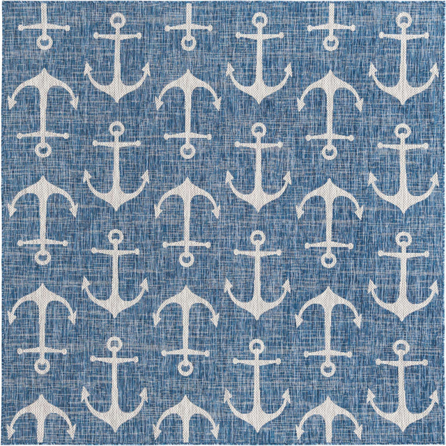 Blue 7' 10 x 7' 10 Outdoor Coastal Square Area Rug Weather Resistant for Patio, Deck, Terrace, Balcony, Porch 100% Polypropylene Coastal Decor Carpet for Sale at Rug Engine