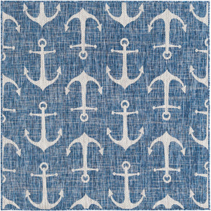Blue 5' 3 x 5' 3 Outdoor Coastal Square Area Rug Weather Resistant for Patio, Deck, Terrace, Balcony, Porch 100% Polypropylene Coastal Decor Carpet for Sale at Rug Engine