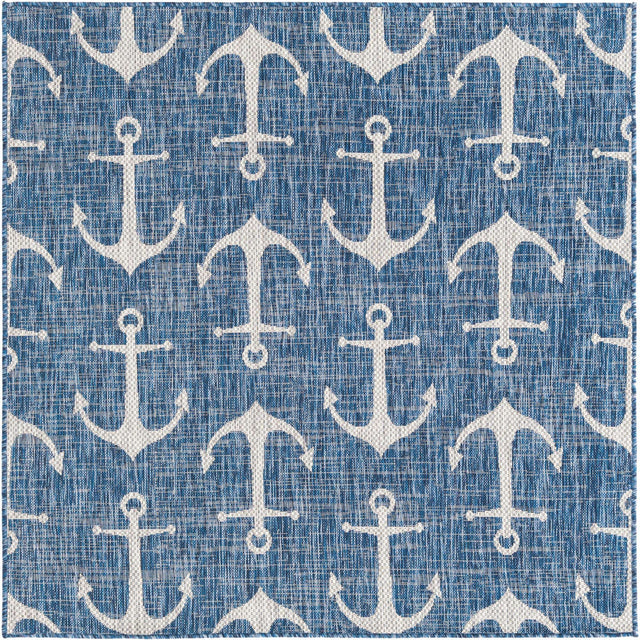 Blue 5' 3 x 5' 3 Outdoor Coastal Square Area Rug Weather Resistant for Patio, Deck, Terrace, Balcony, Porch 100% Polypropylene Coastal Decor Carpet for Sale at Rug Engine