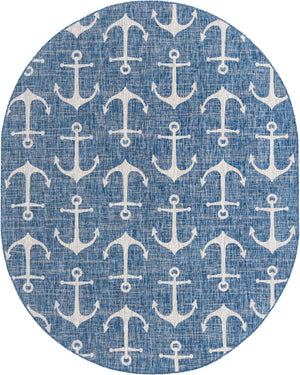 Blue 7' 10 x 10' Outdoor Coastal Oval Area Rug Weather Resistant for Patio, Deck, Terrace, Balcony, Porch 100% Polypropylene Coastal Decor Carpet for Sale at Rug Engine