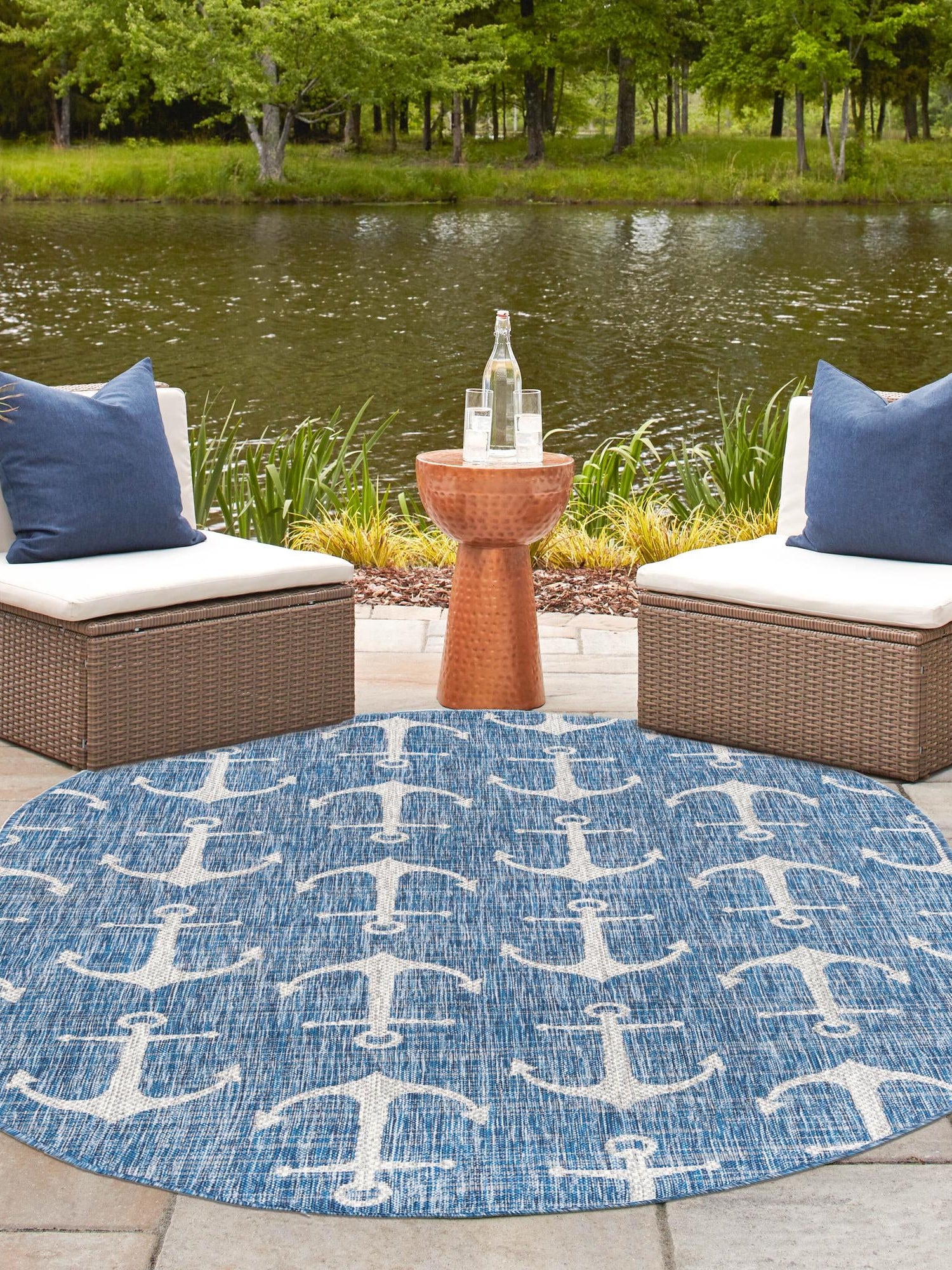 Blue 7' 10 x 10' Outdoor Coastal Oval Area Rug Weather Resistant for Patio, Deck, Terrace, Balcony, Porch 100% Polypropylene Coastal Decor Carpet for Sale at Rug Engine