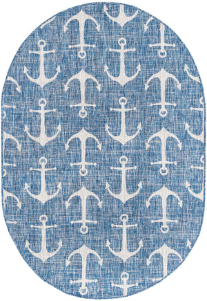 Blue 5' 3 x 8' Outdoor Coastal Oval Area Rug Weather Resistant for Patio, Deck, Terrace, Balcony, Porch 100% Polypropylene Coastal Decor Carpet for Sale at Rug Engine