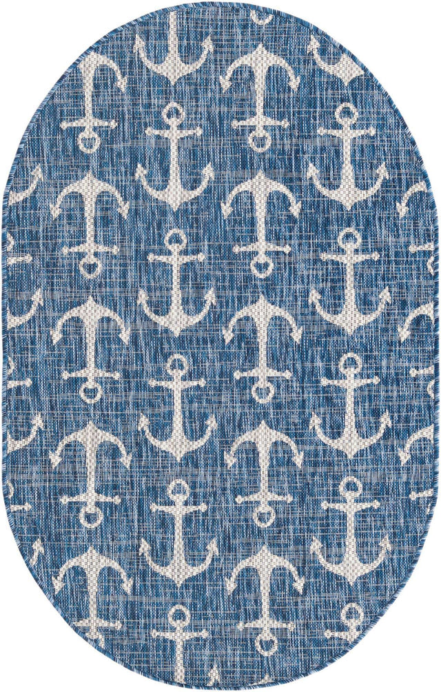 Blue 3' 1 x 5' 3 Outdoor Coastal Oval Area Rug Weather Resistant for Patio, Deck, Terrace, Balcony, Porch 100% Polypropylene Coastal Decor Carpet for Sale at Rug Engine