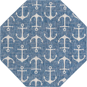 Blue 7' 10 x 7' 10 Outdoor Coastal Octagon Area Rug Weather Resistant for Patio, Deck, Terrace, Balcony, Porch 100% Polypropylene Coastal Decor Carpet for Sale at Rug Engine