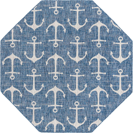 Blue 7' 10 x 7' 10 Outdoor Coastal Octagon Area Rug Weather Resistant for Patio, Deck, Terrace, Balcony, Porch 100% Polypropylene Coastal Decor Carpet for Sale at Rug Engine