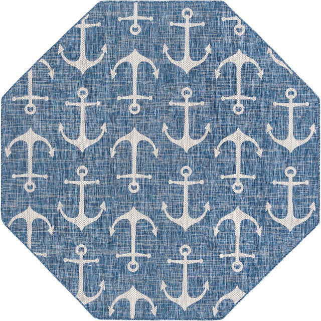 Blue 7' 10 x 7' 10 Outdoor Coastal Octagon Area Rug Weather Resistant for Patio, Deck, Terrace, Balcony, Porch 100% Polypropylene Coastal Decor Carpet for Sale at Rug Engine